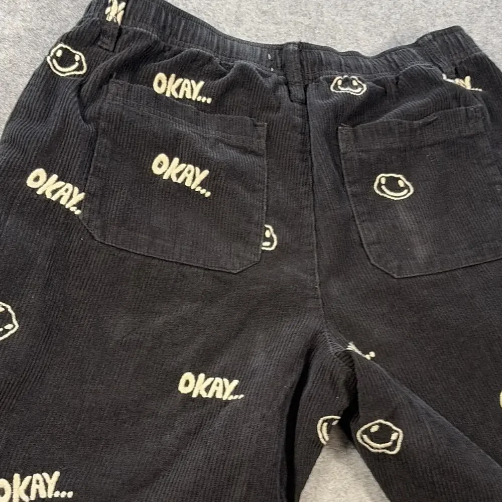 Men’s Black Corduroy Drawstring Pants Embroidered Graphic Logo Straight Leg 32